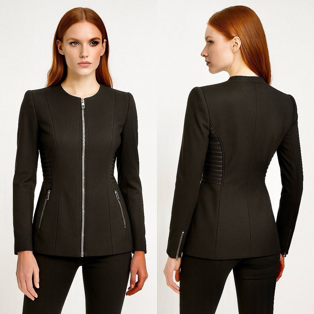 BLANC NOIR Sample Collarless Twill Blazer Suit Jacket Leather Trim Zip Up Black